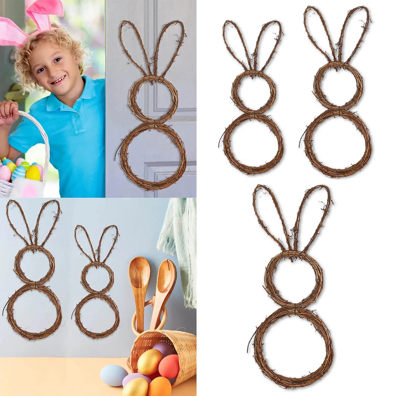 Easter Rattan Circle Bunny Wreath Rabbit Shaped Vine Branch DIY Craft Wreath For Front Door Wall Holiday Decor