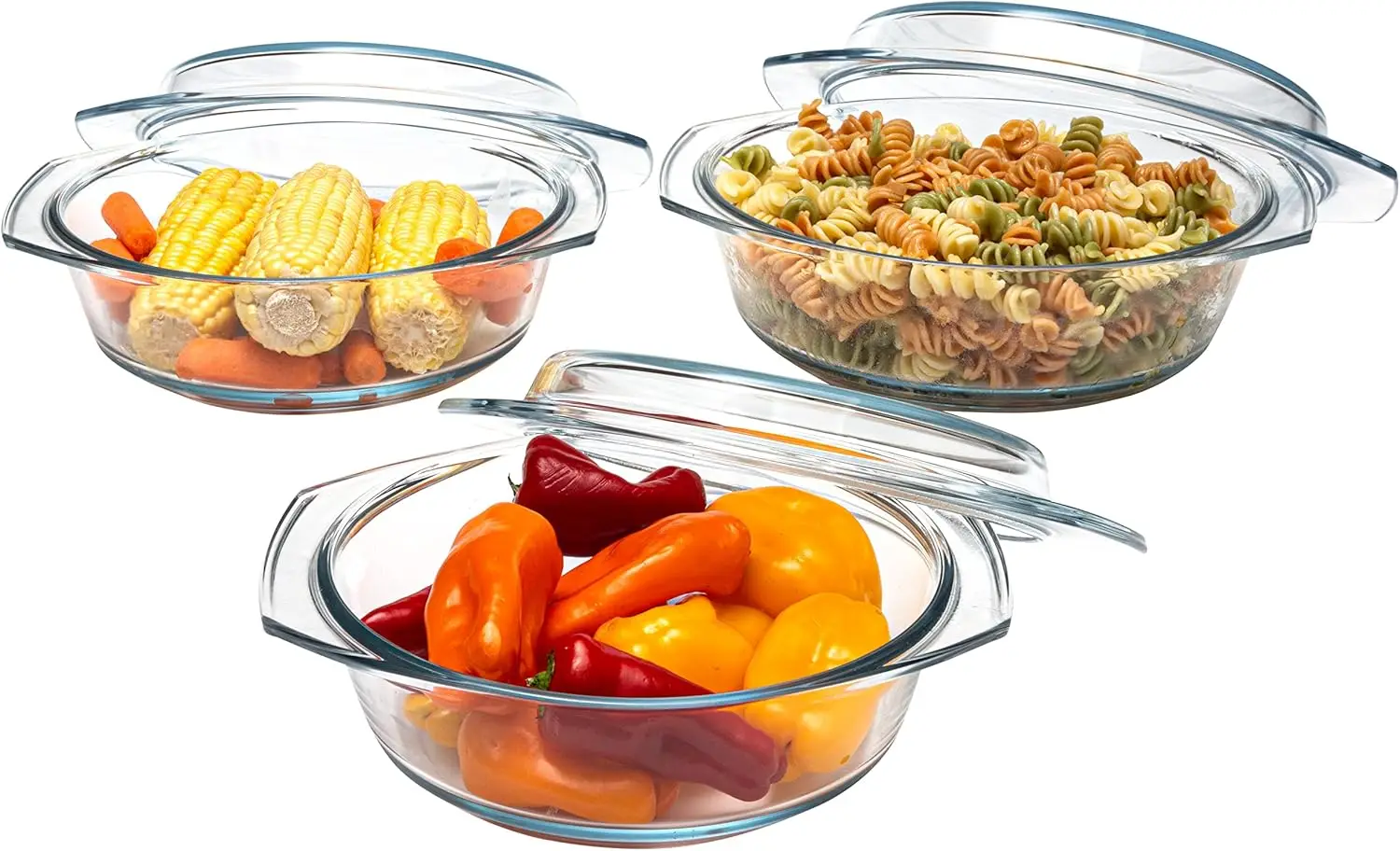 

Round Glass Casserole Dish Set with Lid, Borosilicate Oven-to-Table Cookware, 1 Qt 1.5 Qt 2 Qt Baking Dishes, Set of 3