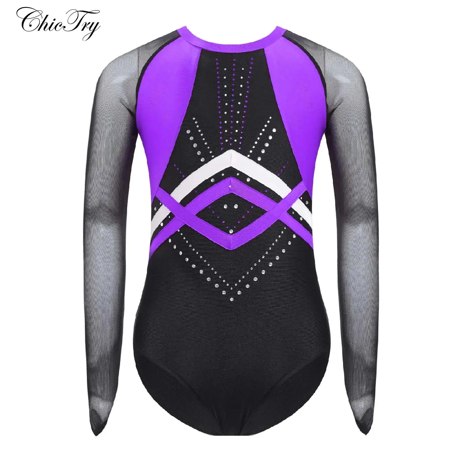 키즈 소녀 발레 댄스 레오타드 라인 석 체조 바디 슈트 쉬어 메쉬 긴 소매 패치 워크 피겨 스케이팅 댄스 의상