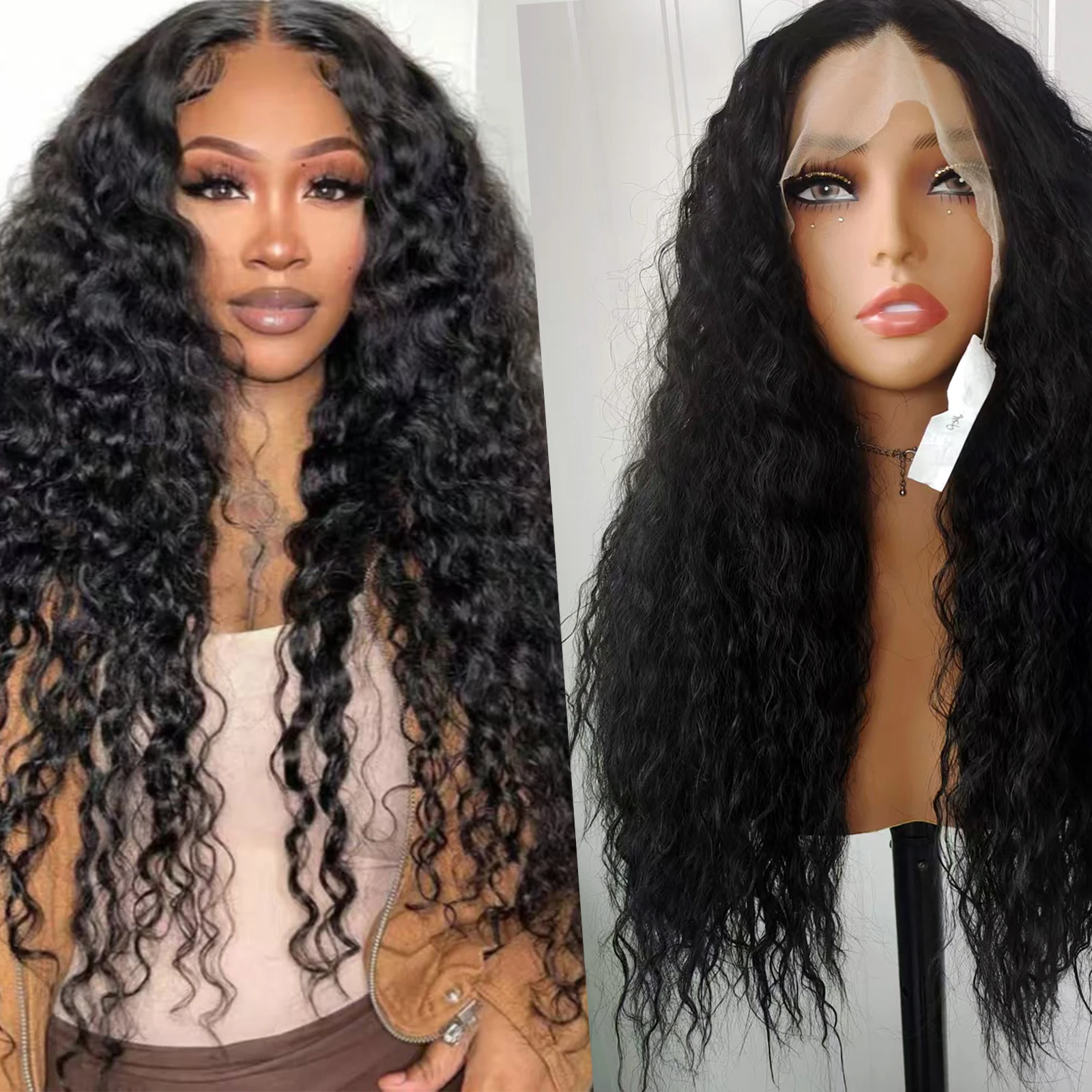 

WIF Black Kinky Curly Synthetic Wig Curl Wave Black Hair Heat Resistant Kinky Wavy 13 x 4 Lace Front Wigs Women Makeup Daily Use