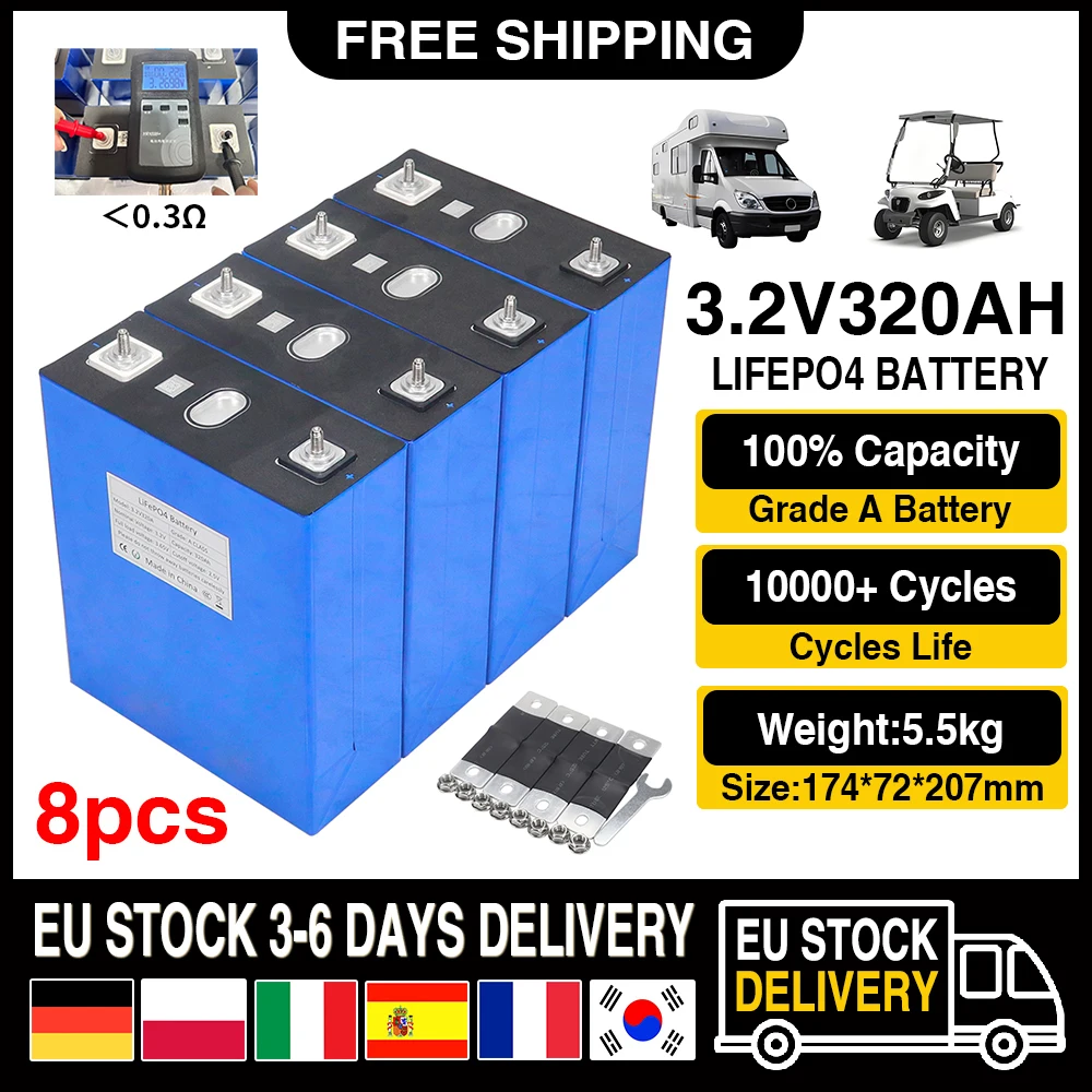 New 8pcs 3.2V 320Ah LiFePO4 Lithium Iron Phosphate Battery Can be Combined into 12V 24V 36V 48V 50Ah Rechargeable Battery Pack