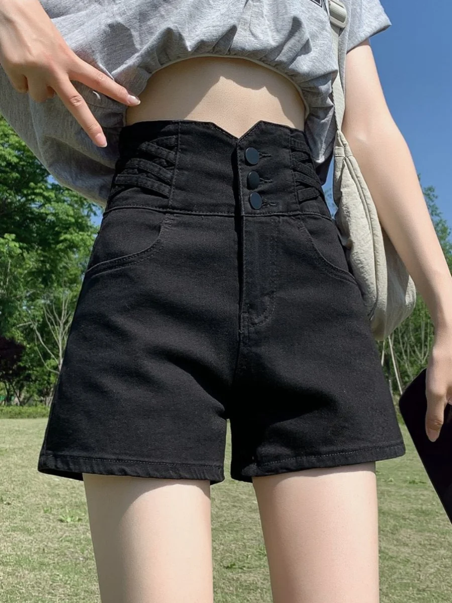 Pantaloni elastici estivi da donna a vita alta con gamba larga Bla Denim Ords con dettaglio bottoni Pantaloni caldi dimagranti per il controllo della pancia