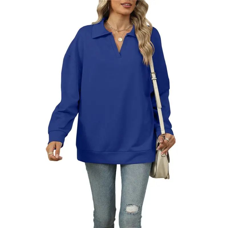 

A24F-Female Polo-Shirts Long Sleeve Banded Bottom Tops Business Casual Tops Collared V Neck Blouses