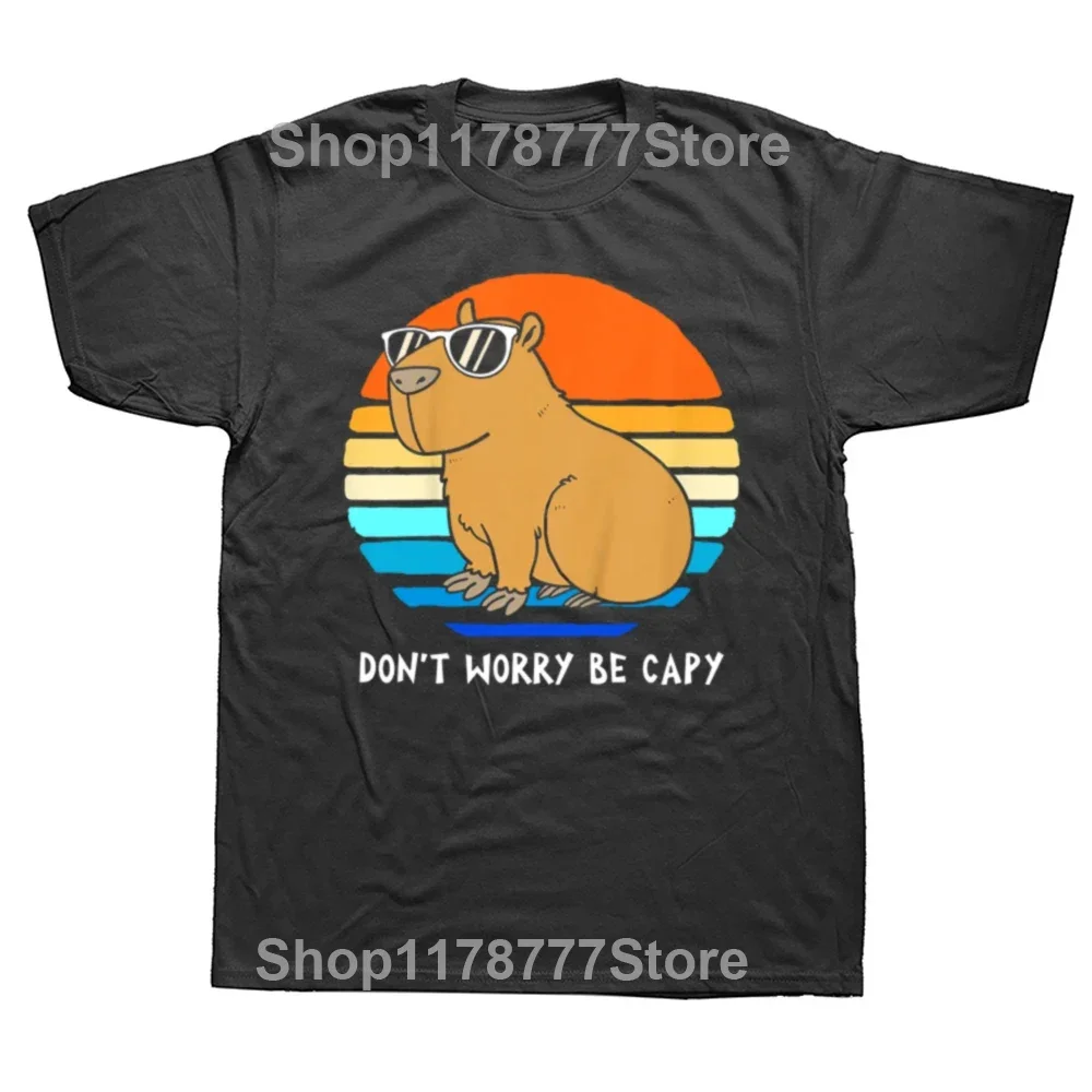 Retro Funny Capybara Dont Be Worry Be Capy Capibaras T Shirts Graphic Cotton Streetwear Short Sleeve Birthday Gifts T-shirt Men