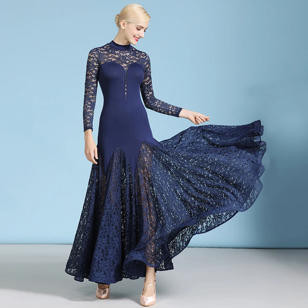 

Elegant Women's Hollow-out Modern dress Lace Long-sleeved Evening Dress navy blue Waltz Ballroom Dancing Dress