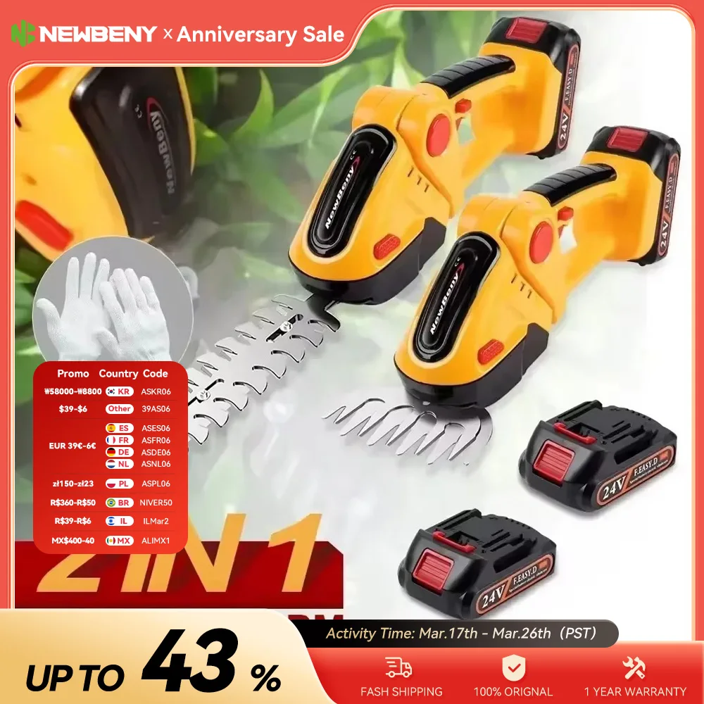 Newbeny 2 em 1 aparador de sebes elétrico sem fio 20000rpm recarregável portátil doméstico capina poda cortador ferramentas jardim