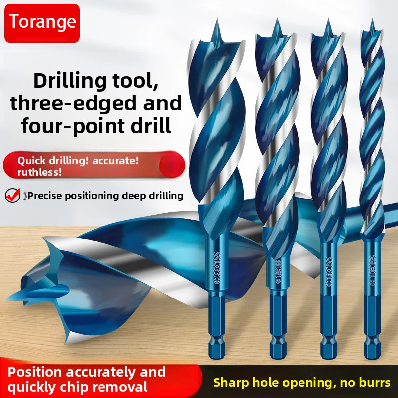 Woodworking Drill Bit with Hexagonal Handle 3 Slots 4 Tips Flashlight Drill Support Roller for Wood Drilling
