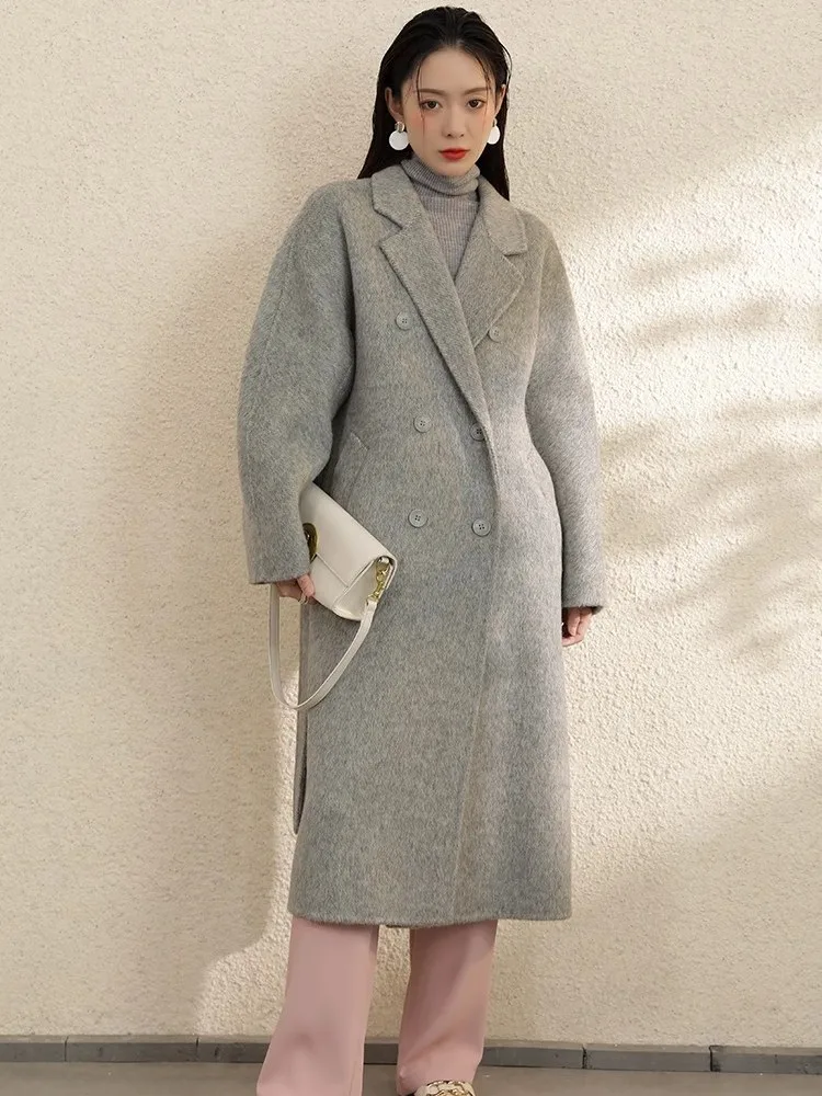 女性用カシミヤコート,グレーと両面,手織りラペル,ダブルブレスト