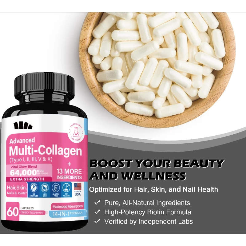 

60-капсульный магниевый цитрит с коллагеном, гиалуроновой кислотой и витамином С, добавка для поддержки мышц костей для здоровья и здоровья