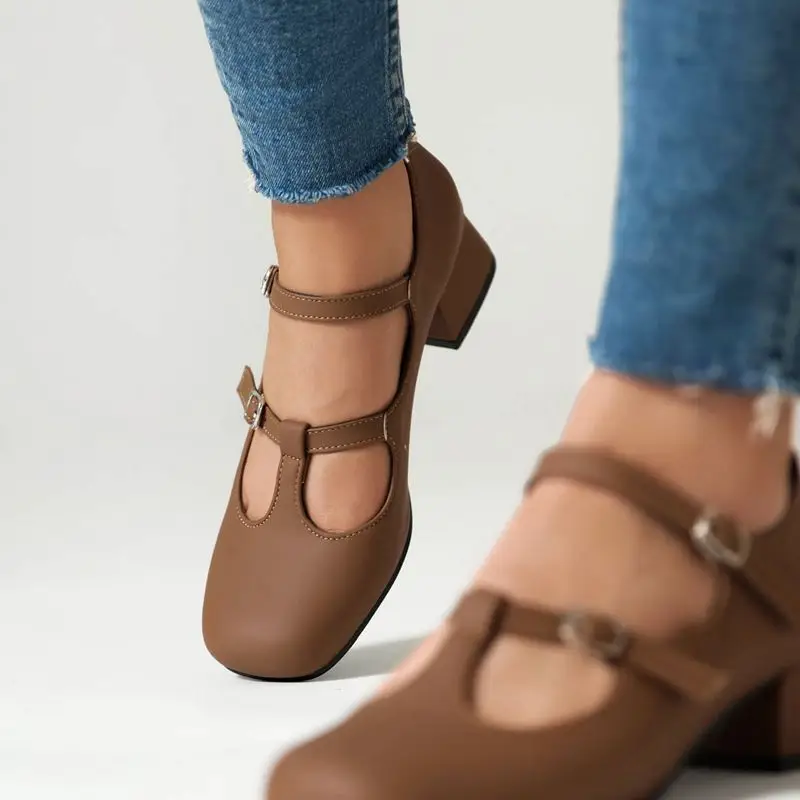 

ORCHA LISA Women's Mary Janes Pumps Square Toe Chunky Heel Buckle T-Strap Soft Brown Leisure Daily Spring Summer Big Size