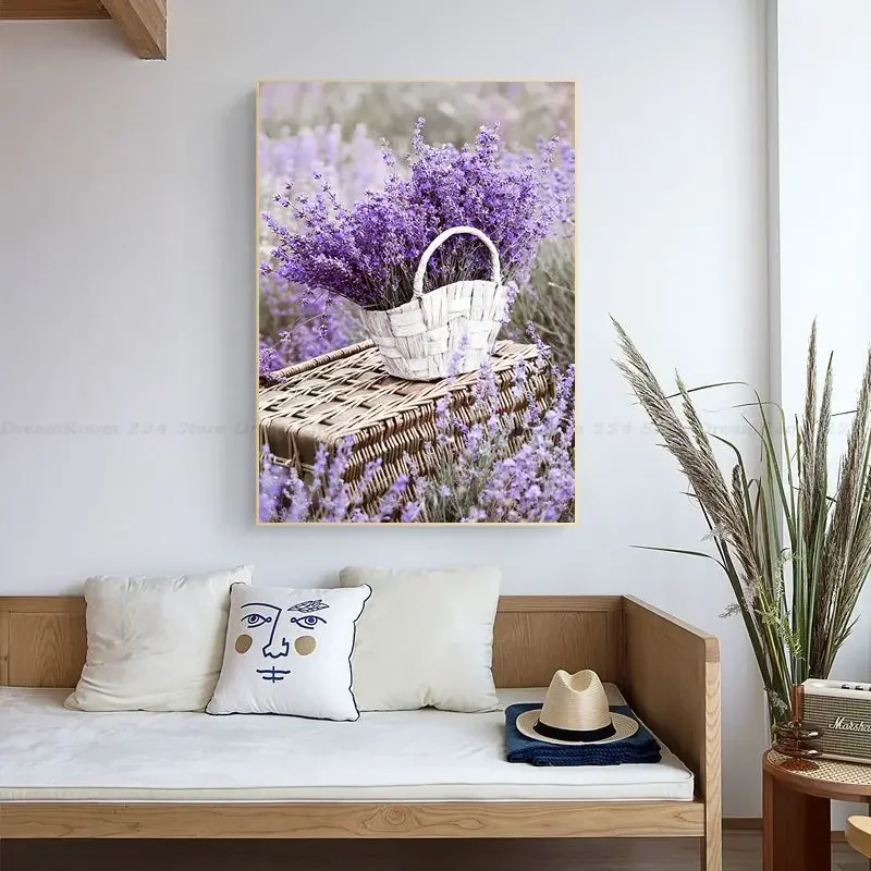 Modern Painting Provence Purple Landscape Lavender Poster Retro Kraft Paper Sticker DIY Room Bar Cafe Decor Art Wall Stickers