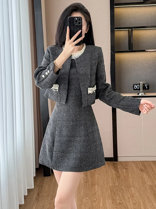 

Fashionable Small Fragrance Style Suit Set Women's Blouse And Skirt Two-Piece Set Thickened Long Sleeve Collar Zipper Ca...