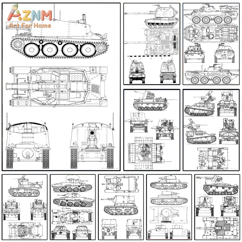 AZNM - Pintura en lienzo sin marco con impresión HD de dibujo técnico de tanque de la Segunda Guerra Mundial para decoración de pared del hogar