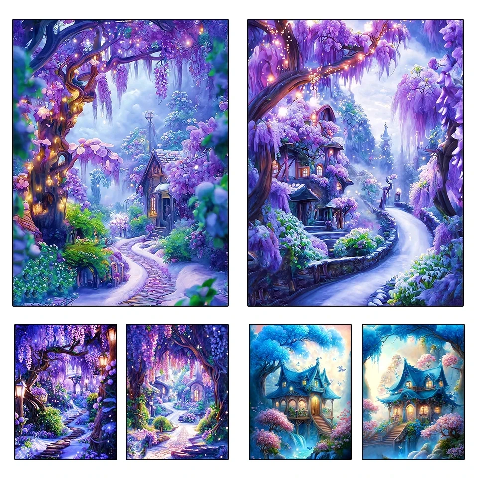 

5D DIY Diamond Painting Purple Garden House Flower Landscape Full Circle Square Diamond Embroidery Mosaic Cross Embroidery X1516