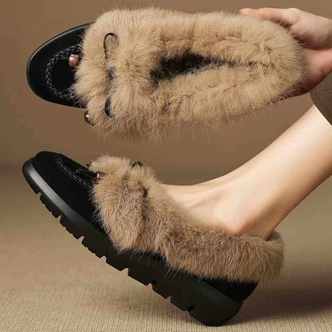 

Women's natural suede leather rabbit fur patchwork round toe sweet bowtie slip-on thick sole platform flats loafers winter shoes