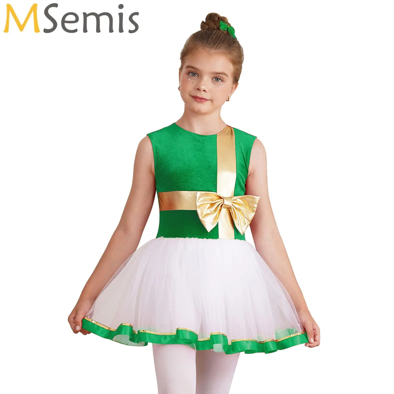 

Kids Girls Christmas Elf Costume Ballet Dance Tutu Dress Sleeveless Bowknot Leotard Skating Ballroom Party Performance Costume