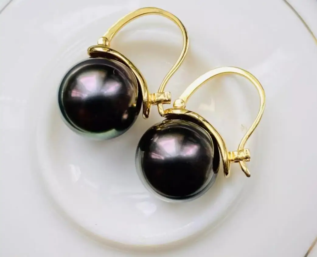 

New Pearl Earrings AAAA9-10mm 10-11mm Natural Tahitian Black Pearl Round Earrings 18k/AU750 Gold+925s