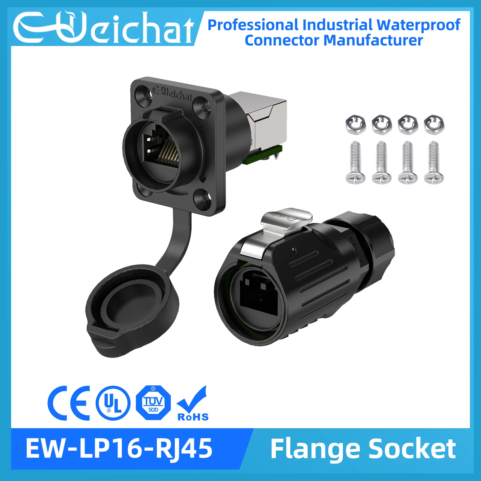 E-WeiChat Quick Connect PBT Plastic LP16 RJ45 Connector Waterproof Network Connectors High Reliability for Industrial Ethernet