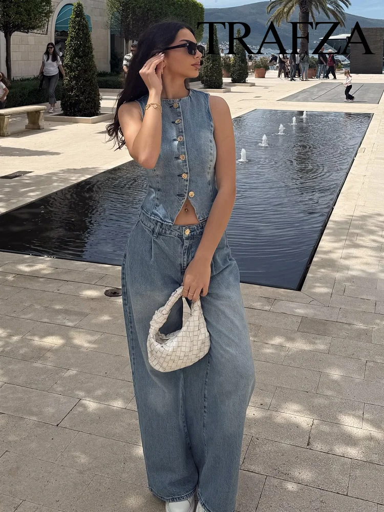 

TRAFZA 2025 Denim 2-Piece Set Women Fashion Round Neck Single-Breasted Sleeveless Vest+High Waist Pleated Casual Wide-Leg Jeans