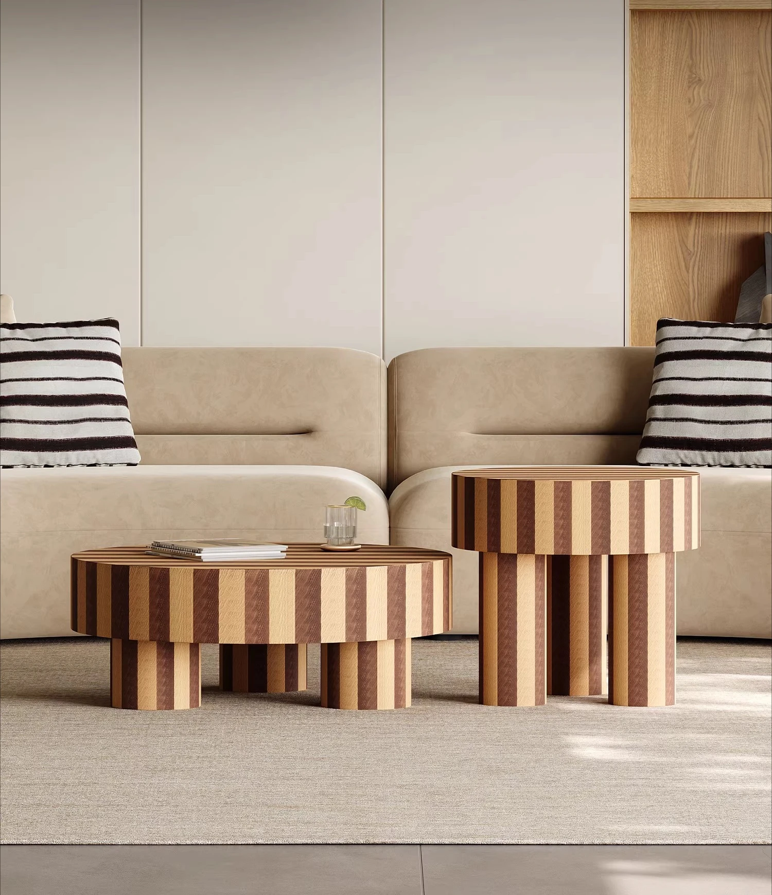 

Medieval style solid wood coffee table combination round household small apartment wabi sandy wind Nordic designer high sense