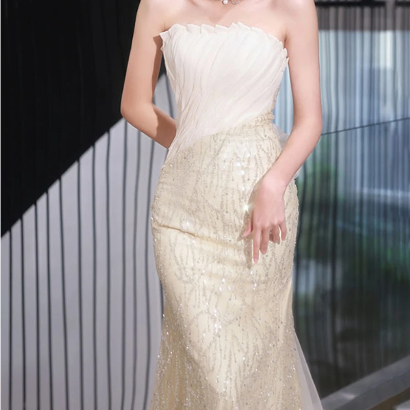 Customized Temperament Strapless Slim Mermaid High End Evening Dress Front Mesh Spliced Constrast Color Pleated Vestidos Sequin