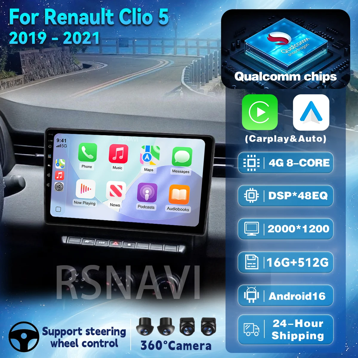 Android 16 Plug and Play Carplay Auto Qualcomm Screen 2K Car Radio Player For Renault Clio 5 Lutecia 2019 - 2021 GPS Multimedia