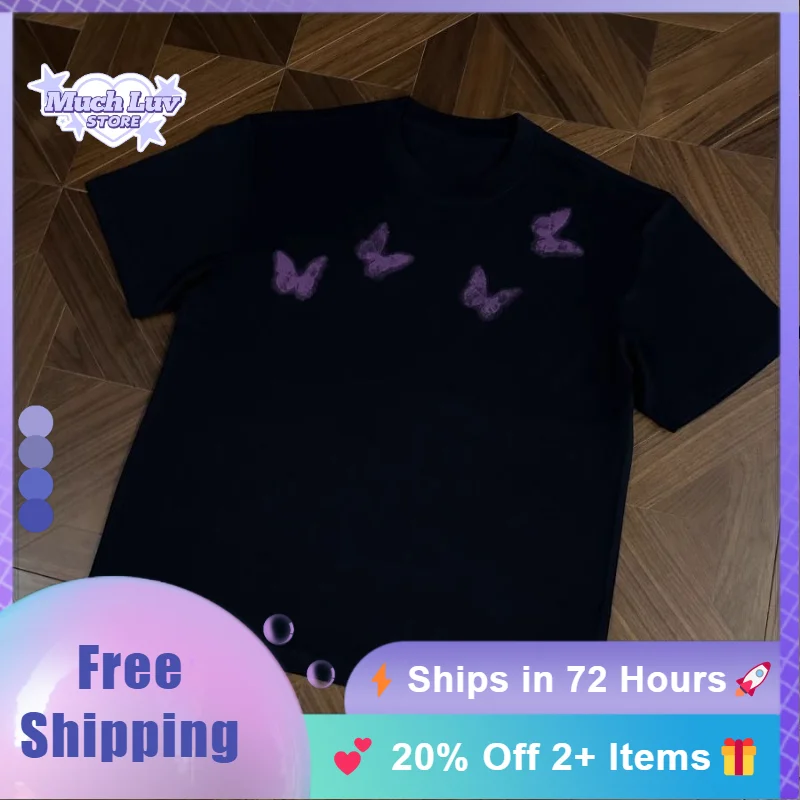 

Retro Light Purple Butterfly Print T-shirt Men and Women Summer Fashion Trend Casual Comfy Pure Cotton Couple Short Sleeve Top