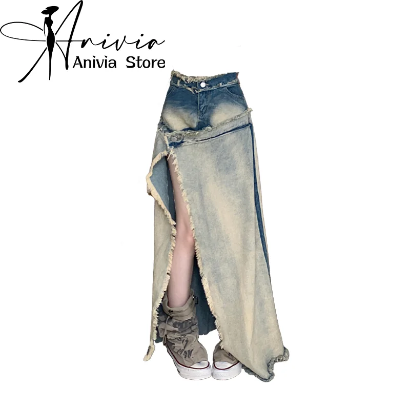 Women Patchwork A-line Skirt Vintage Y2k 90s Aesthetic Skirt with Slit Harajuku Korean Elegant Skirts 2000s Clothes 2024 Summer