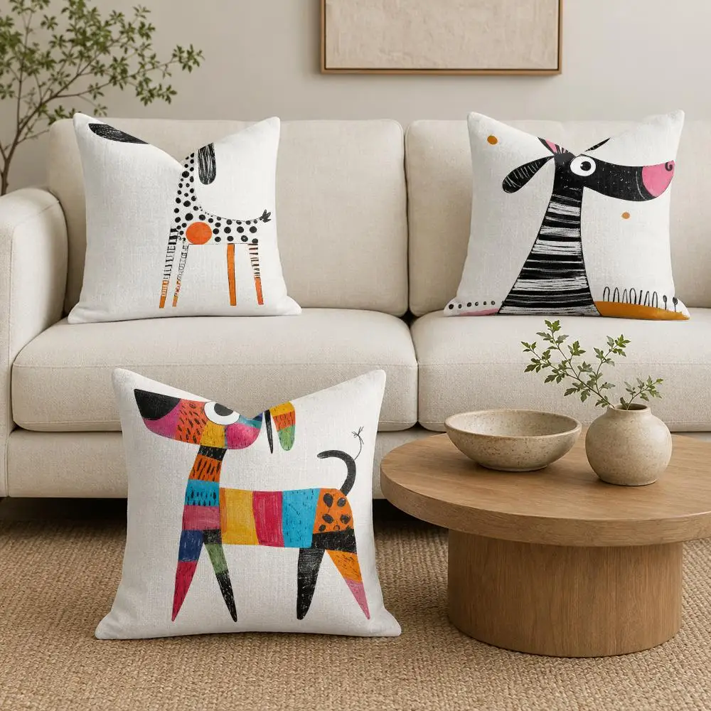 Whimsical Patchwork Dogs Cushion Cover Organic Linen Throw Pillow Cover - Double-Sided Print Breathable Cushion Case Home Decor