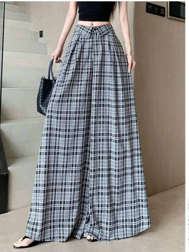 2025 Women's Vintage Plaid Wide Leg Pants - High Waist Pleated Palazzo Trousers, Fashion Streetwear for Spring Autumn