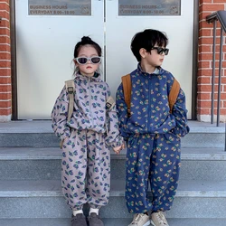 Two-Piece Set Boy Girl 2024 Autumn Korean Style Full Print Small Flower Leisure Stand Collar Zipper Sports Tide