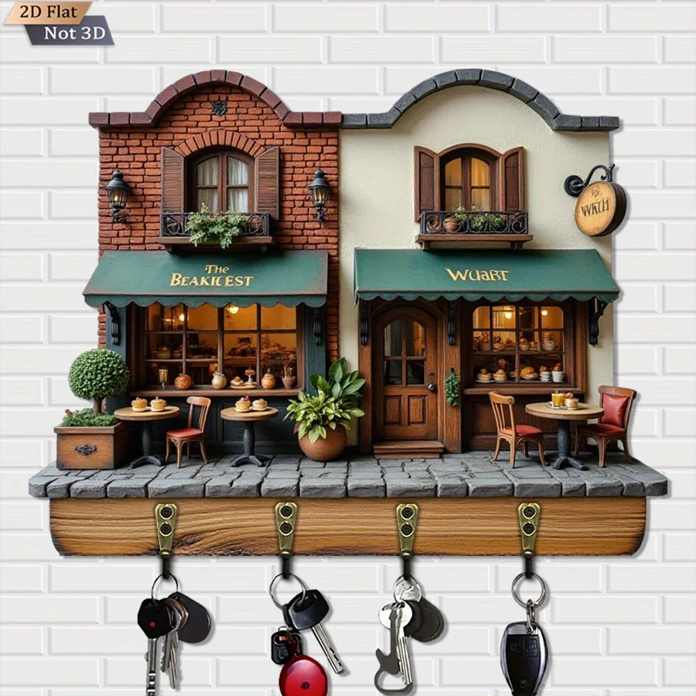 2D Flat, 1pc, European Mini Shop Key Hook Wooden Multi-Functional Home Key Holder with Four Metal Hooks, Wall Decor, Porch