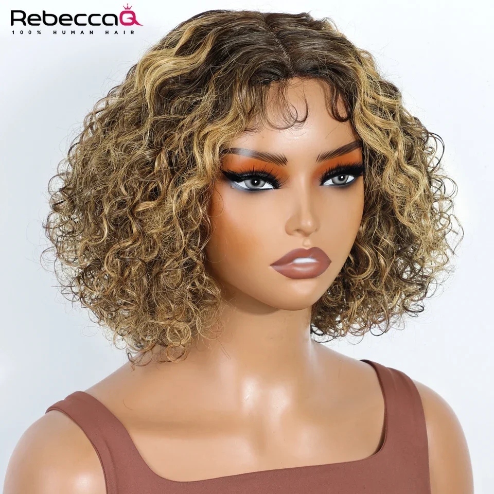 

4/27 Blonde Highlight Short Curly Bob Middle Part Lace 100% Human Hair Wigs For Women Brazilian Remy Hair Clearance Sale