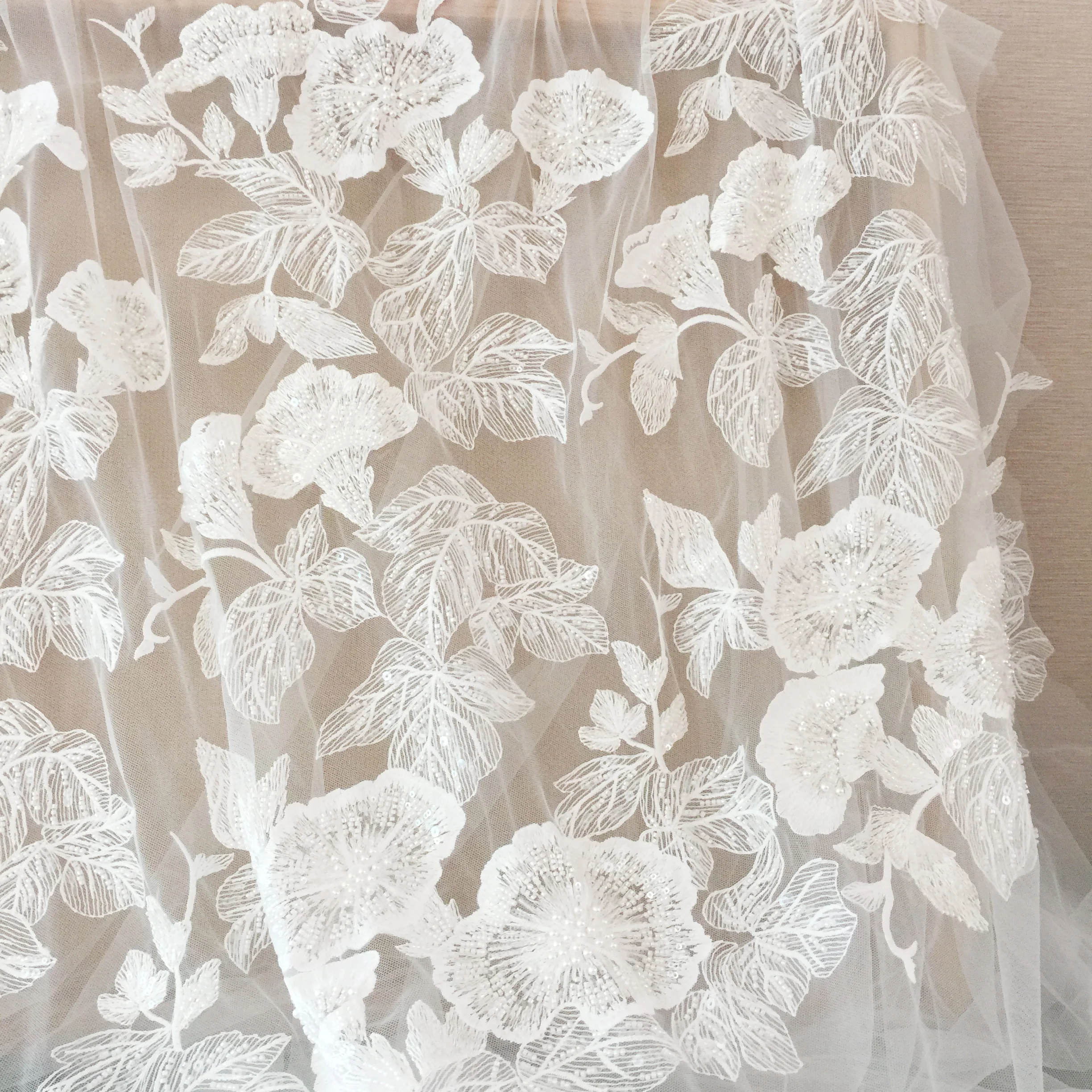 1 Yard 3D Pearl Beaded Flower Leaf Tulle Lace Fabric ,Couture Wedding Dress Bridal Lace Fabric by Yard