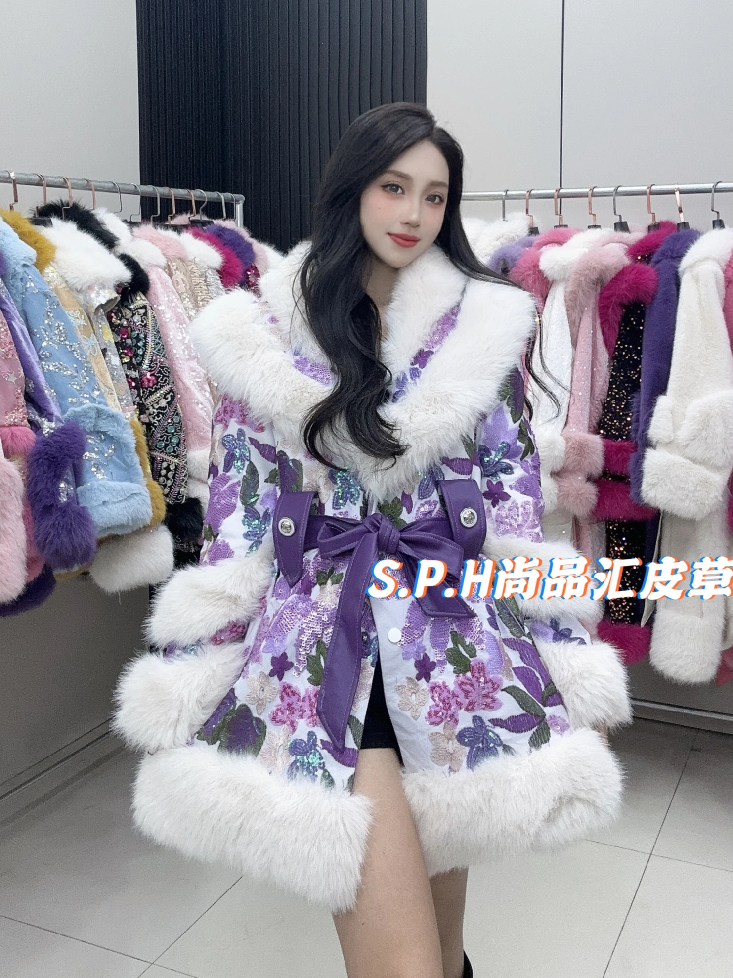 2024 Winter New Fur Coats Sweet Mid Length Sequins Decoration Young Good Figure Faux Fur Coats Women Strap Waist Fluffy Jacket