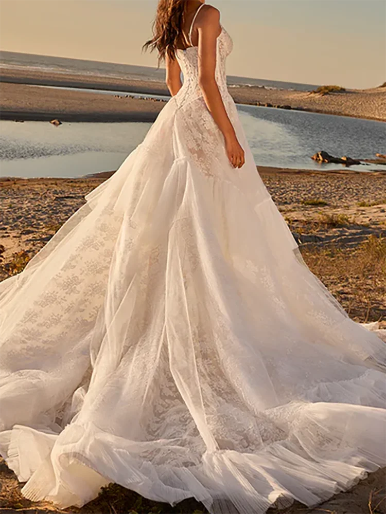 Vestidos de novia de corte en A plisados con cordones sin mangas de encaje de lujo vestidos de novia personalizados