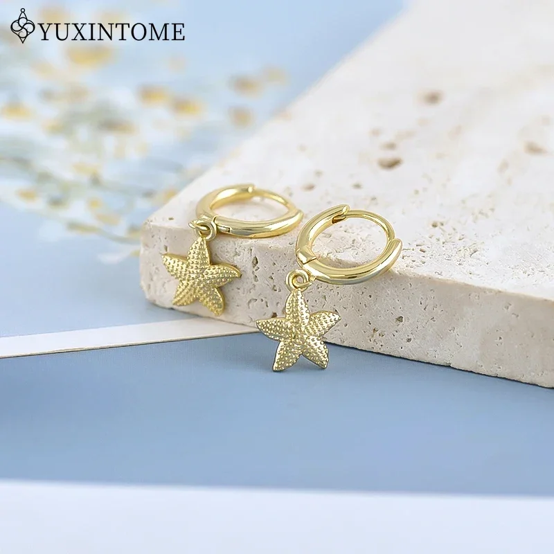 925 Sterling Silver Ear Needle Starfish Rivet Pendant Hoop Earrings For Women Star Cute Huggie Earrings Fashion Party Jewelry