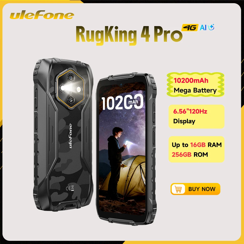 Ulefone RugKing 4 Pro 4G Robustes Smartphone, bis zu 16 GB RAM + 256 GB ROM, 10200 mAh, NFC, wasserdicht, Super-Taschenlampe, Android 15 6,56 Zoll 120 Hz