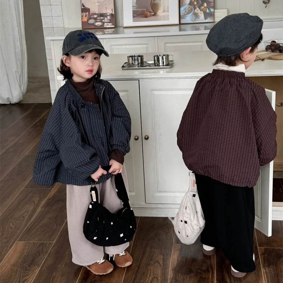 

Childrens Trendy Plaid Jacket 1-7 Years Autumn Korean Loose Boys O-neck Zipper Coat Kids Short Jackets Girls Baby Outwear Tops