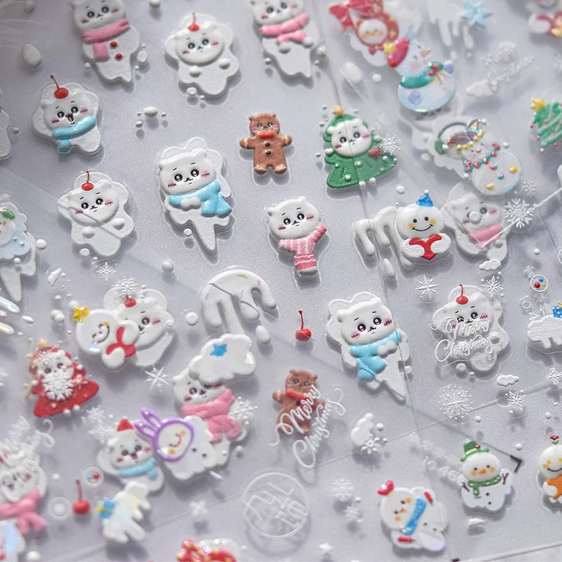 Christmas Snowman Bear White Cherry Melt Ears Pine Chicken Bowknot Rabbit Winter Snowflake Heart Nail Art Sticker Manicure Decal