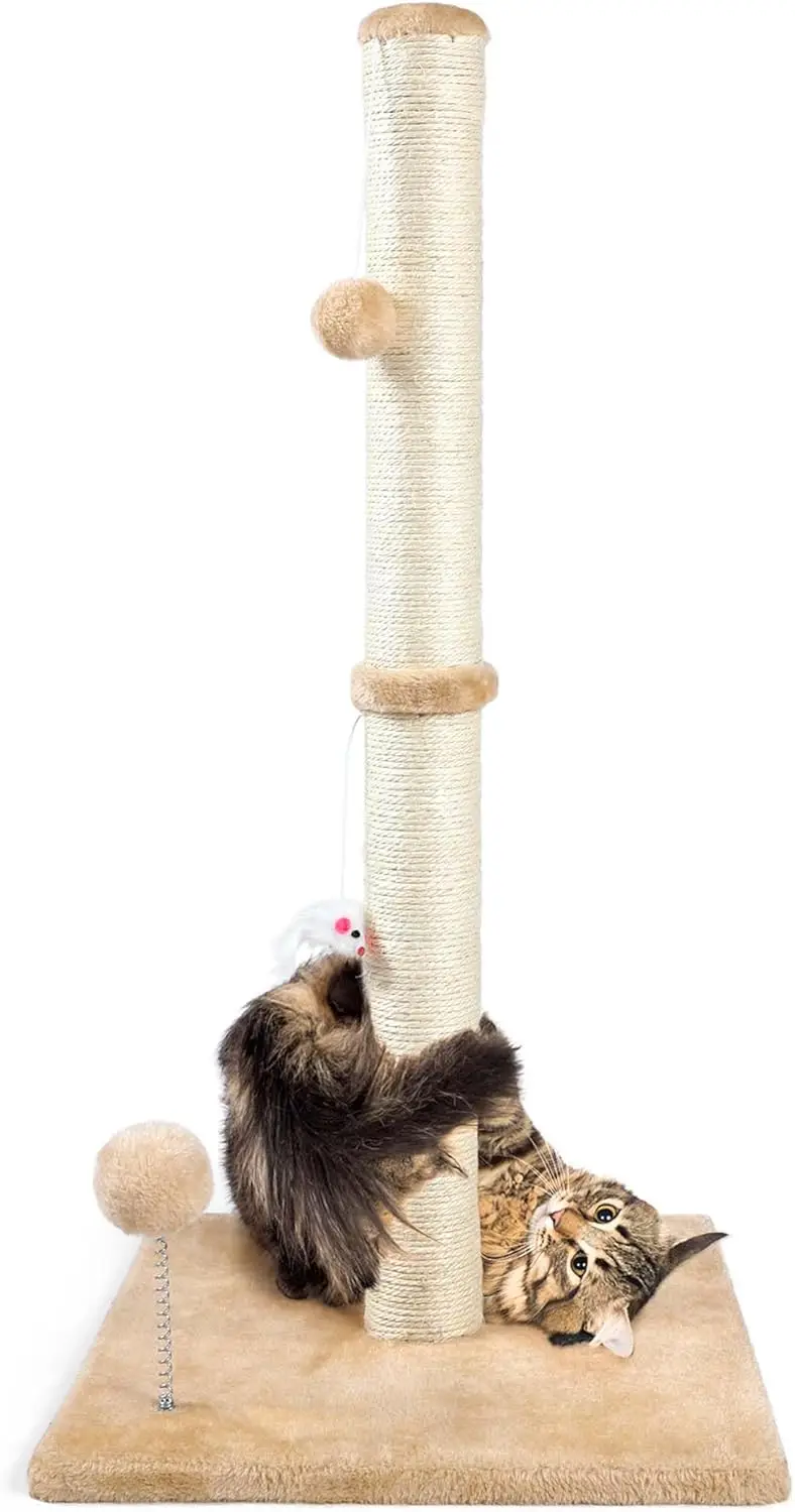 

32" Tall Cat Scratching Post for Indoor Cats, 3-in-1 Vertical Sisal Post with Plush Toys, Stable Base, Beige