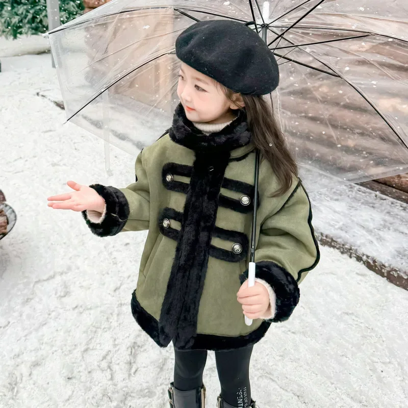 Girls Velvet Warm Coat Winter 2024 New Children Fur Integrated Thickened Four-button Top for Baby Girls Winter Clothes