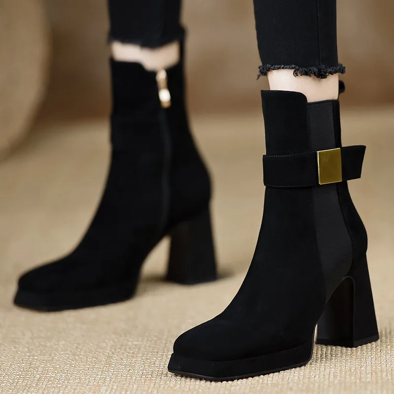 

Women's Short Boots High Heel Chunky Platform Buckle Black Fashionable Waterproof Korean Style Square Toe Side Zipper