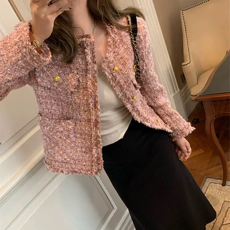 

Pink Tweed ort Coat Women's Spring Autumn 2024 New Sle Ladylike Fraance Faion Trendy Streetwear Top Buttoned Cotton