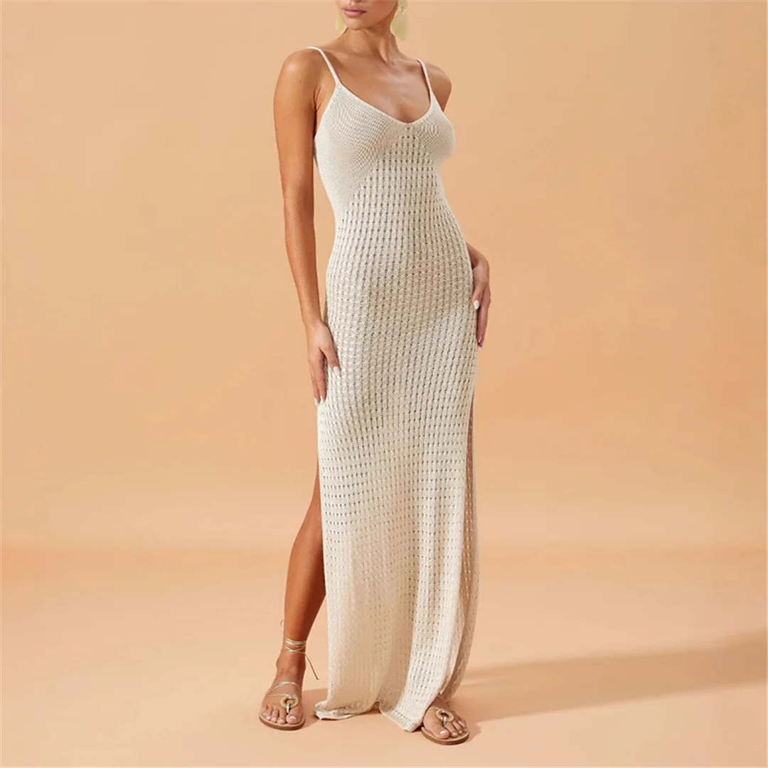 V-Ausschnitt, ärmellos, mit Ausschnitten, gehäkelt, gestrickt, Tunika, Strandkleid, Strandmode, Damen, V7212 – Detail 7