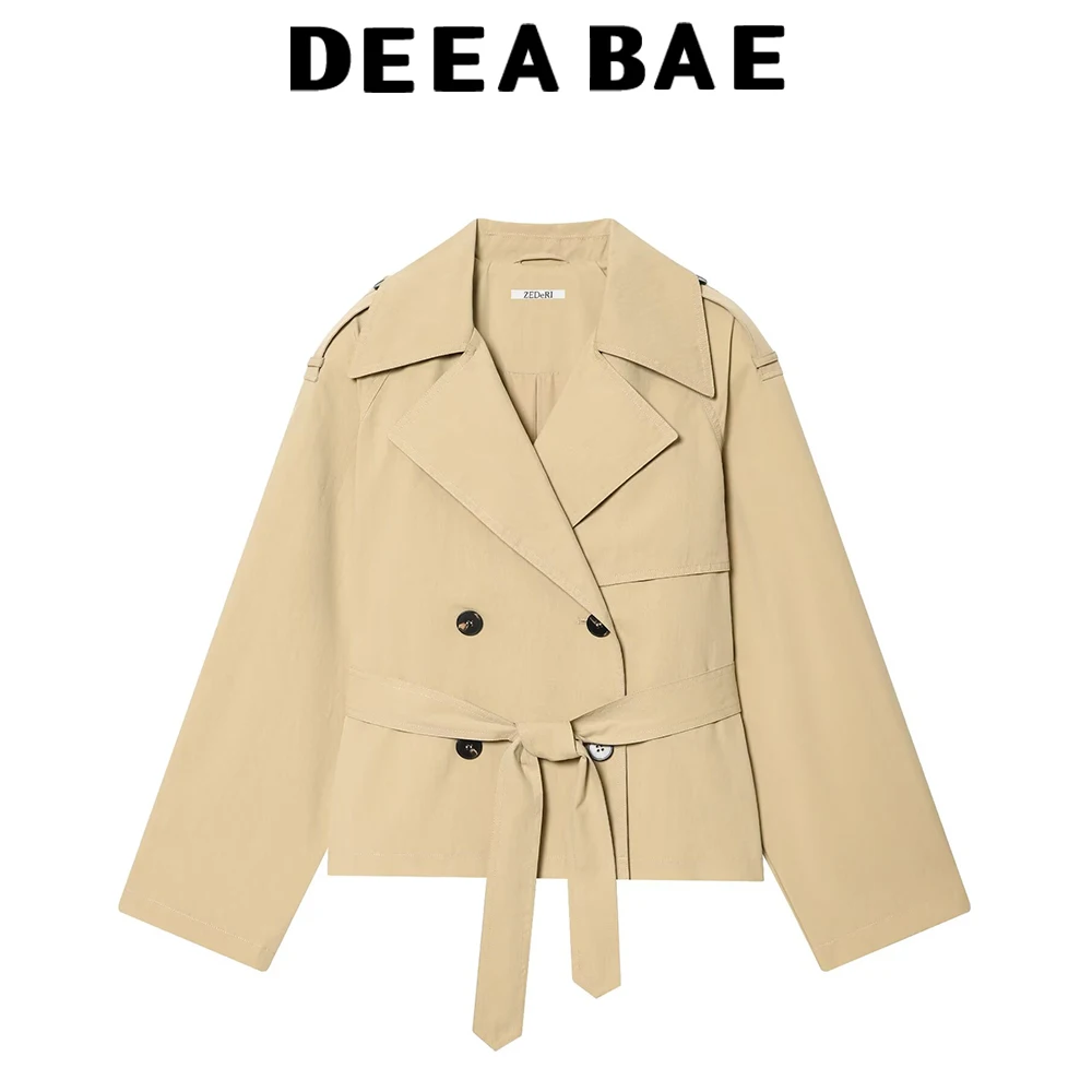 

DEEABAE Spring new women's clothing with shoulder pads long sleeved lapel casual with waist belt short windbreaker jacket