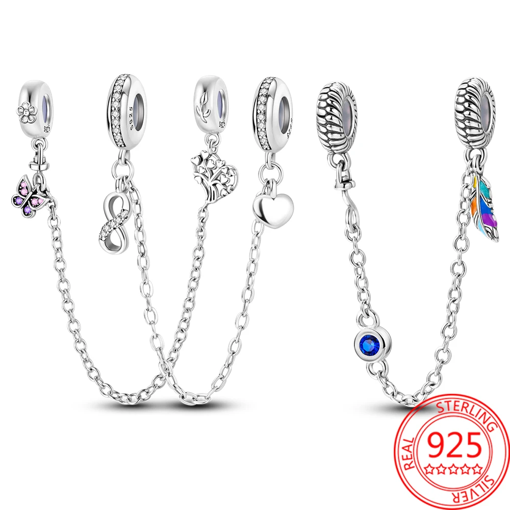 

New Pendant Fit Pandora Bracelet Butterfly Tree Colorful Feather Eternal Love Safety Chain Charm Girl 925 Sterling Silver Gift