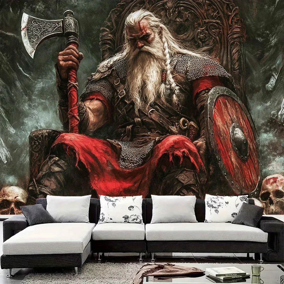 Nordic Viking Warrior Throne Tapestry, Epic Fantasy Battle Axe & Shield Print,Dark Academia Wall Hanging for Living Room Bedroom