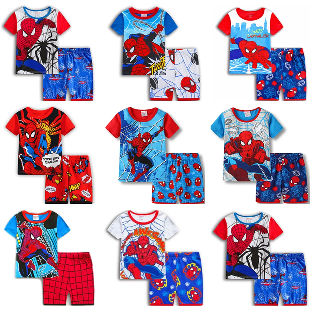 Summer New Boys Girls The Avengers Pajamas Set SpiderMan Short Sleeve Suit Cotton Cartoon Sleepwear Childrens Sets