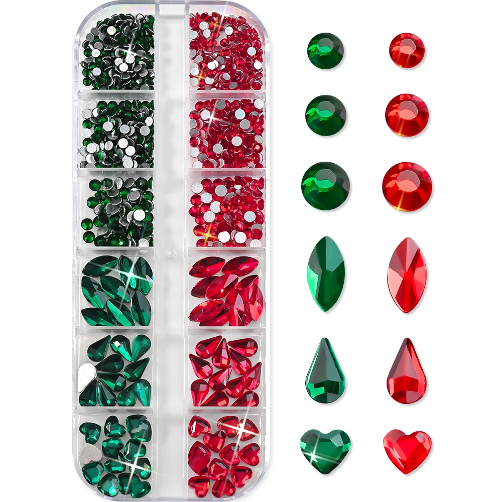 1박스 레드 & 그린 축제 색상 쥬얼리 제작 네일 참 크리스마스 플랫 백 네일 라인스톤 논핫픽스 글래스 네일 용품*